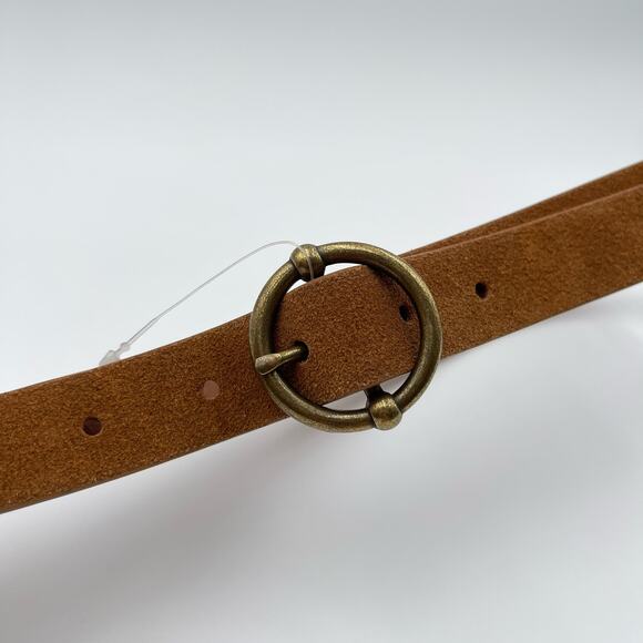 Linea Pelle | NEW Cognac Brown Skinny Suede Belt Round Circle Brass Buckle - Picture 2 of 14